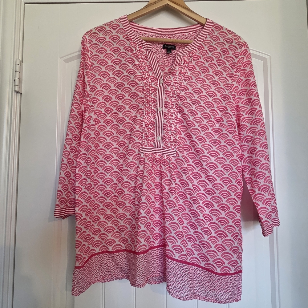 Talbots Preppy Pink And White Cotton Pintuck Popover Blouse